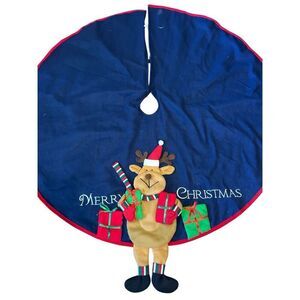 Santa's Best Blue Christmas tree skirt plush reindeer "Merry Christmas"